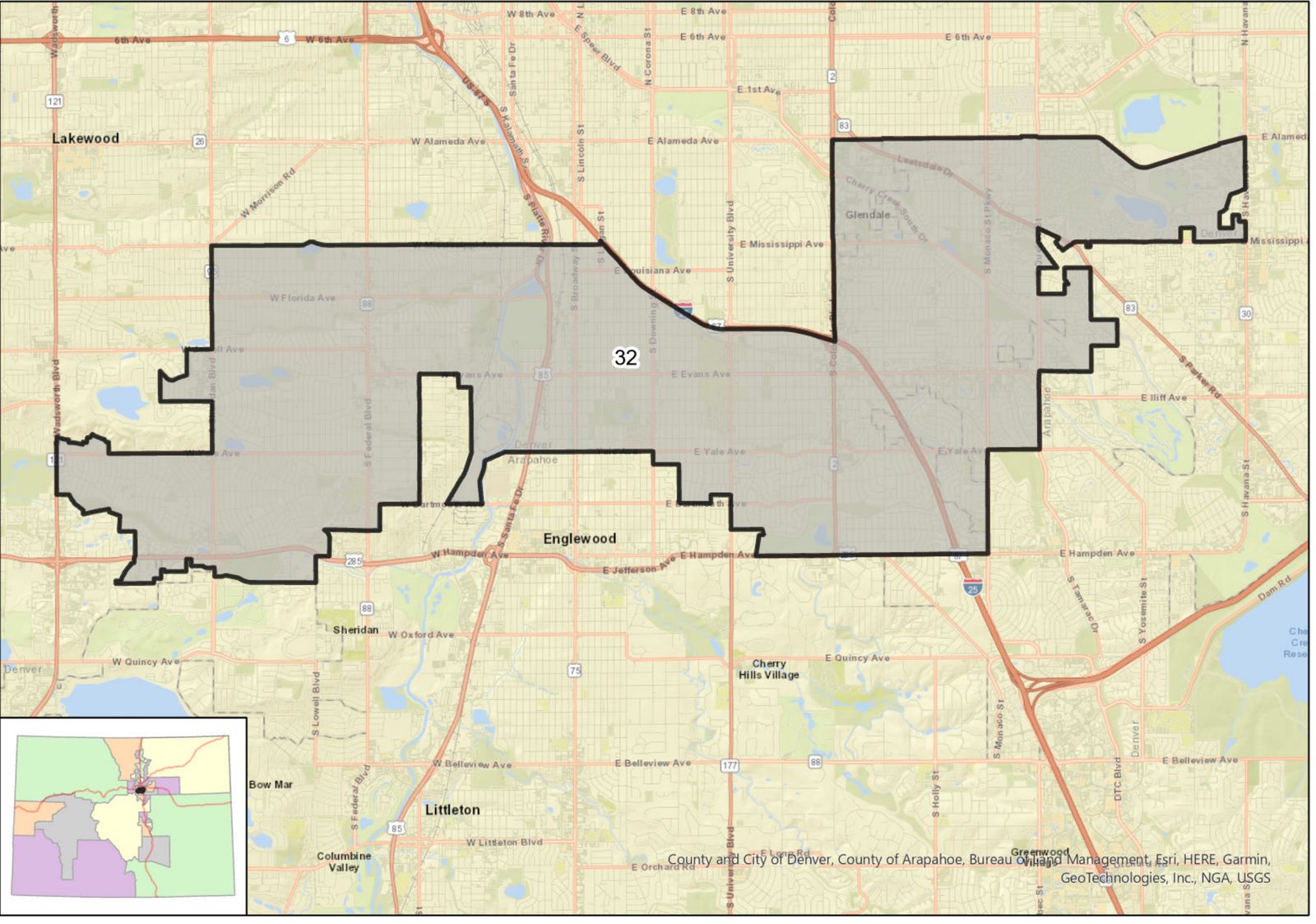 Map of Colorado Senate District 32 in the south Denver metro area